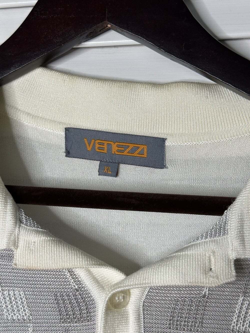 Venezzi Men's XL Gray/Ivory Geometric Knit Silk Blend Short Sleeve Polo - Picture 3 of 6